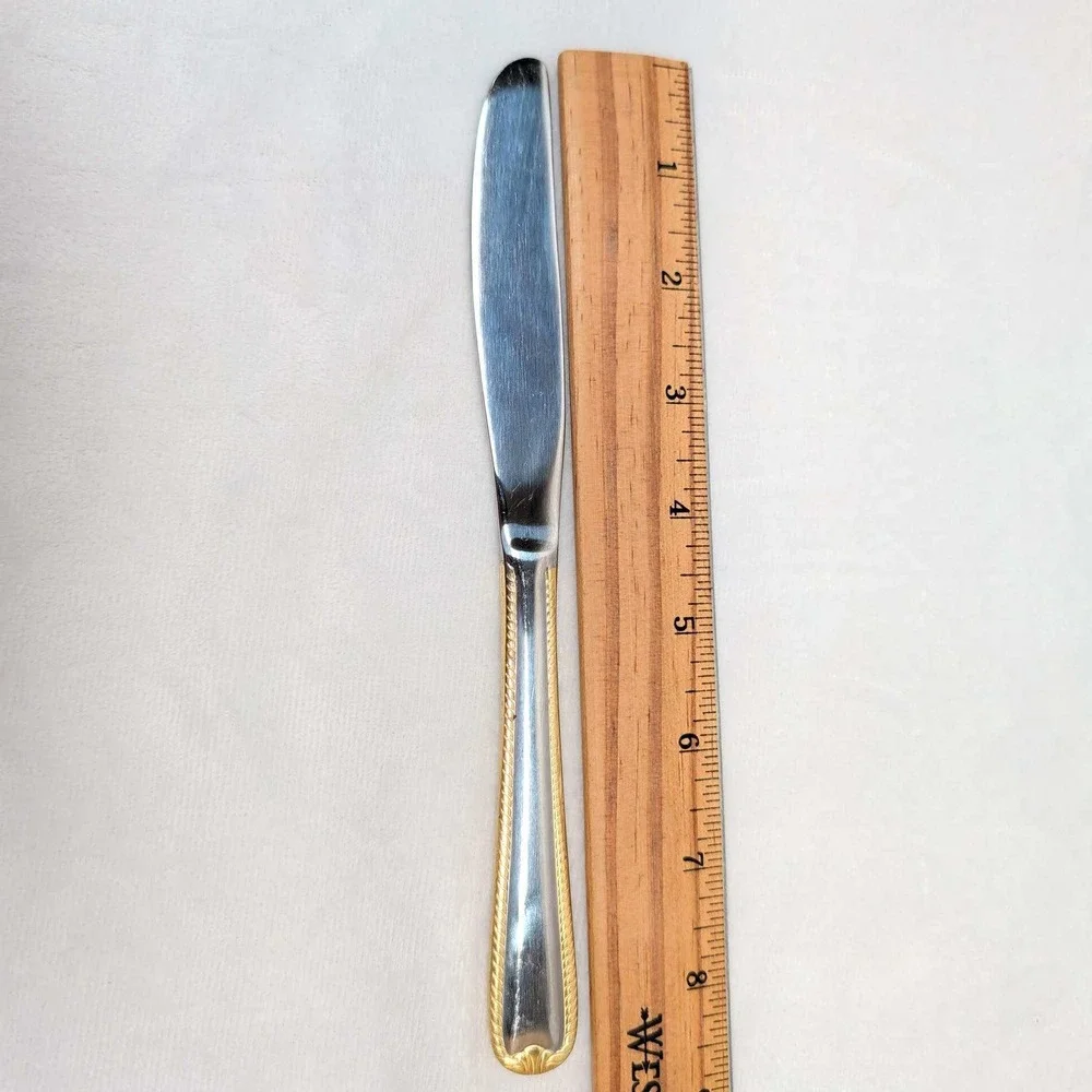 Set of 6 Stainless Steel Dinner Knives Gold Rope Trim Two Tone 9 Inch Flatware